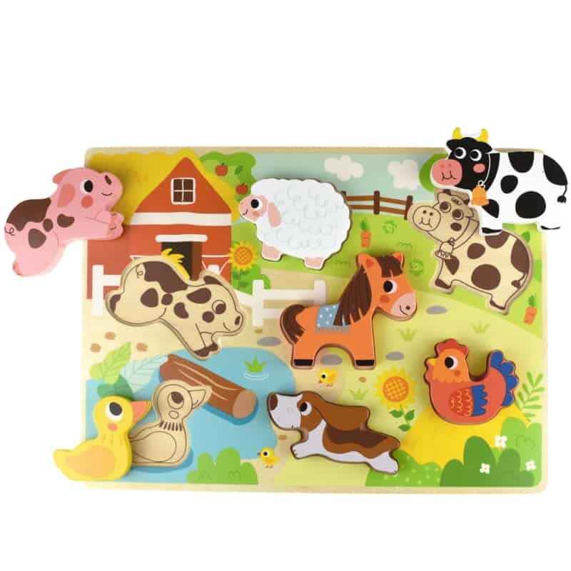 Tooky Toy Drewniane Puzzle Montessori Zwierzatka Farma Dopasuj Ksztalty 1