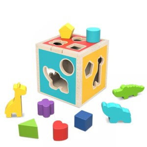 Tooky Toy Drewniany Sorter Kostka Edukacyjna Zwierzątka Figury Geometryczne