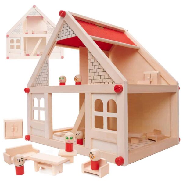Domek dla lalek drewniany + mebelki i ludziki 40cm Domek dla lalek drewniany + mebelki i ludziki 40cm