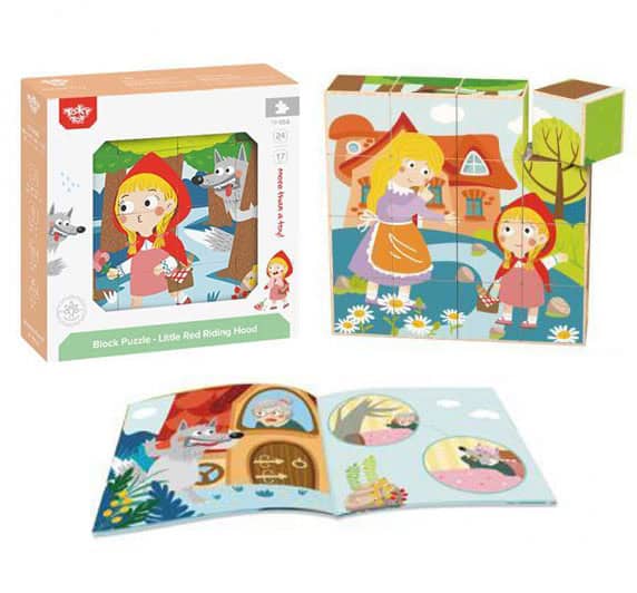 TOOKY TOY Drewniane Klocki Puzzle Układanka Montessori Czerwony Kapturek + Książeczka 17 el.