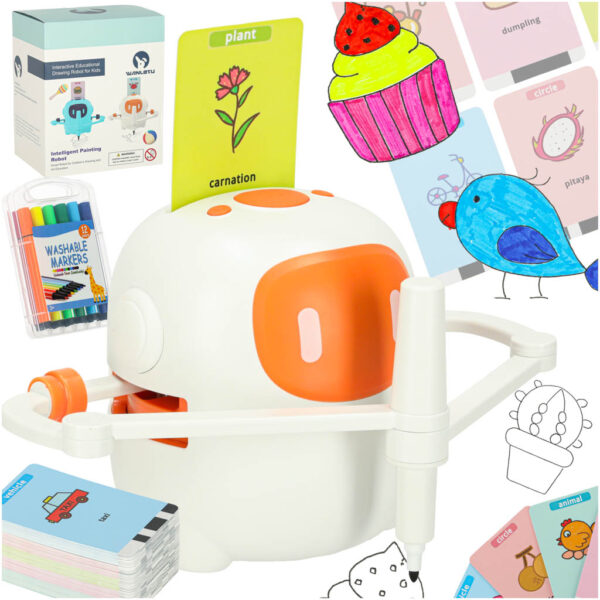 Robot edukacyjny interaktywny nauka rysowania pisania zestaw fiszki mazaki pomarańczowy Robot edukacyjny interaktywny nauka rysowania pisania zestaw fiszki mazaki pomarańczowy
