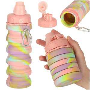 Butelka na wodę bidon silikonowy składany z uchwytem BPA FREE 500ml tęczowy