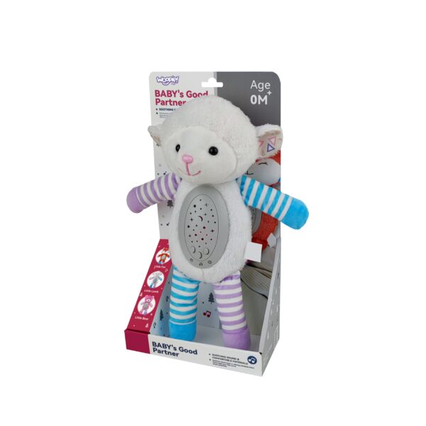 WOOPIE-BABY-Interaktywna-Owieczka-Przytulanka-2w1-Projektor-5 Miękka pluszowa maskotka owieczka z uspokajającymi dźwiękami dla niemowląt, idealna do zabawy i przytulania, przeznaczona dla dzieci od 0+ miesięcy, dostępna w sklepie swiast-zosi.pl.