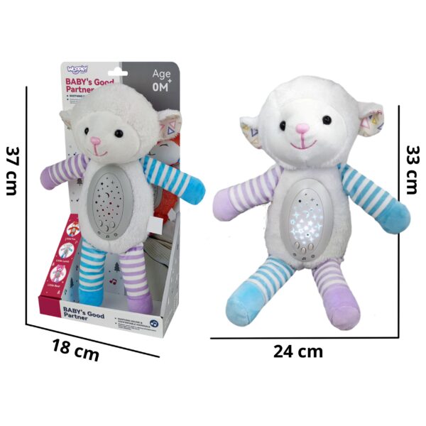 WOOPIE-BABY-Interaktywna-Owieczka-Przytulanka-2w1-Projektor-6 Miś pluszowy interaktywny z funkcją świecącego brzuszka, idealny do zabawy i uspokojenia dzieci, w różowych, fioletowych i niebieskich odcieniach, z miękkiego materiału, w rozmiarze 24 cm.