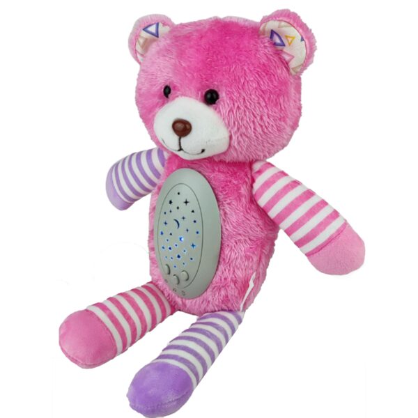 WOOPIE-BABY-Przytulanka-Usypiacz-Projektor-2w1-Rozowy-Mis-10-Kolysanek-1 Miś pluszowy interaktywny różowy z lampką nocną i motywem gwiazdek, idealny dla dzieci, stymuluje rozwój sensoryczny i zapewnia komfort podczas snu.