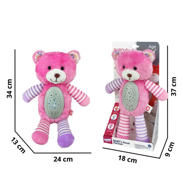 WOOPIE-BABY-Przytulanka-Usypiacz-Projektor-2w1-Rozowy-Mis-10-Kolysanek-3 Miś pluszowy różowy, interaktywna maskotka dla dzieci, z funkcją dźwiękową i światłami, idealny prezent dla maluchów, miękka i bezpieczna zabawka dla niemowląt i dzieci.