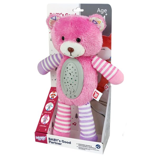 WOOPIE-BABY-Przytulanka-Usypiacz-Projektor-2w1-Rozowy-Mis-10-Kolysanek-5 Miś pluszowy różowy z dźwiękami i podświetleniem, idealny dla dzieci, do zabawy i spokojnego snu, miękki i bezpieczny materiał, zabawka edukacyjna dla maluchów, łączy funkcje muzyczne i komfortowe.
