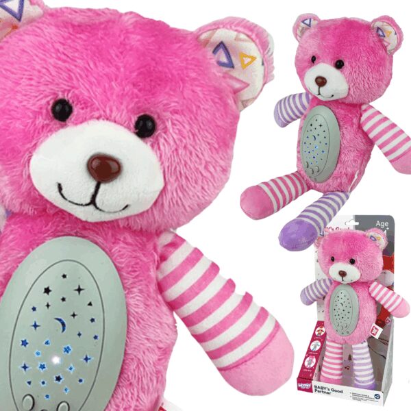 WOOPIE BABY Przytulanka Usypiacz Projektor 2w1 Różowy Miś - 10 Kołysanek Miś pluszowy z funkcją szkoleniową, interaktywny zabawkowy pluszak dla dzieci, miękkie futerko, różowy z pasującymi pasmami, idealny do zabawy i nauki, z dźwiękami i światłami.