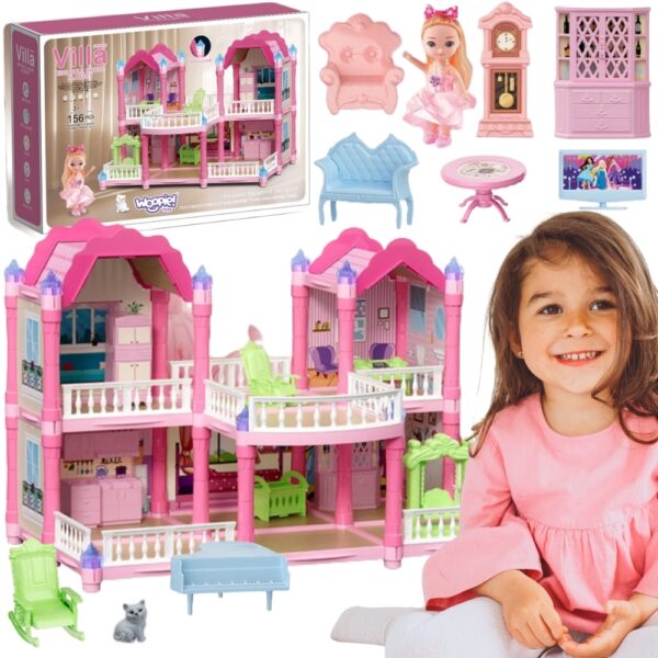 WOOPIE Domek Dla Lalek Willa Ogrodowa 156el. Kolorowa, wielopoziomowa laleczka z zestawem mebelków i akcesoriów, idealna do kreatywnej zabawy w dom, rozwija wyobraźnię i umiejętności manualne dzieci.