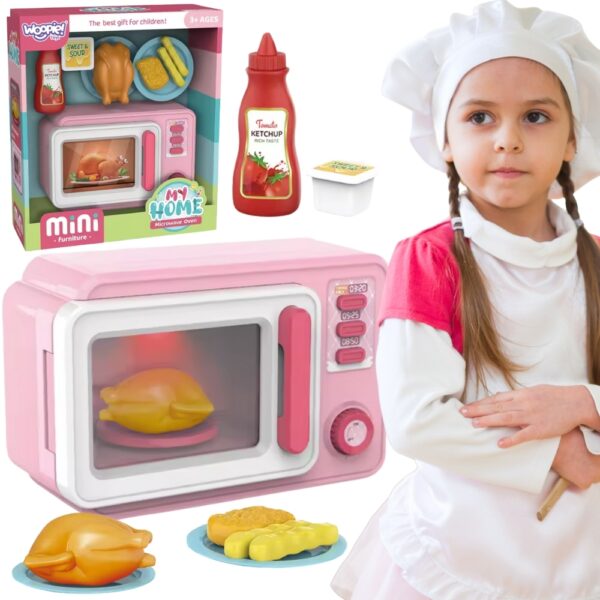 Mini kuchenka mikrofalowa dla dzieci - zabawka do gotowania, naśladująca prawdziwy sprzęt kuchenny, idealna do rozwijania wyobraźni i umiejętności kulinarnych maluchów. W zestawie piec, sztućce i akcesoria.