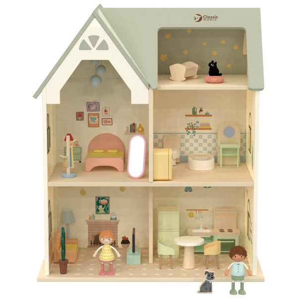 CLASSIC-WORLD-Wielki-Drewniany-Domek-dla-Lalek-z-mebelkami-1 Mała drewniana laleczka w pokoju dziennym z kominkiem i sofą, ozdobionej roślinami i obrazami, z szerokim oknem, urocze wnętrze dla dzieci.
