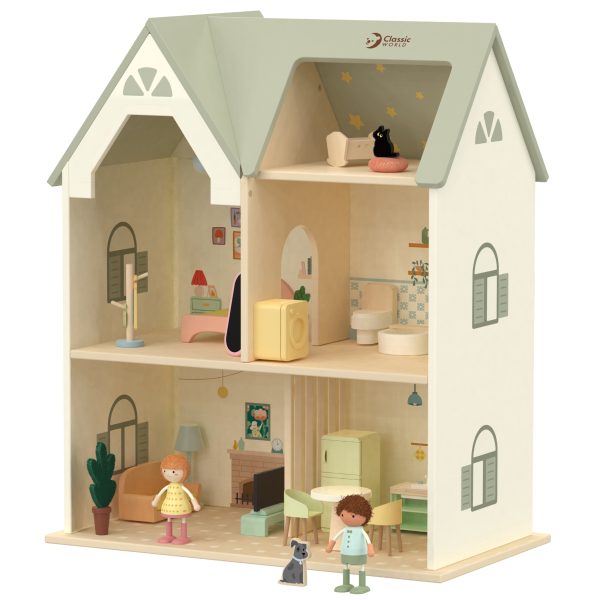 CLASSIC-WORLD-Wielki-Drewniany-Domek-dla-Lalek-z-mebelkami-2 Odbudowa domu z drewna z miniaturowym wnętrzem, meblami i postaciami w stylu scandi, idealna do zabawy i dekoracji dziecięcego pokoju.