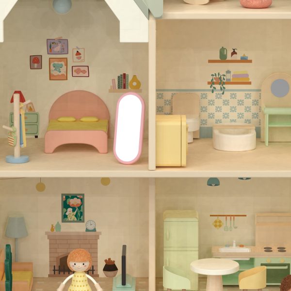 CLASSIC-WORLD-Wielki-Drewniany-Domek-dla-Lalek-z-mebelkami-4 Kolorowa, pastelowa miniaturka mieszkania z dziecięcymi pokojami, łazienką i kuchnią, idealna do dekoracji wnętrz, inspiracji dla dzieci i aranżacji przestrzeni w domu.