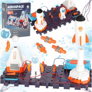 Aerospace edukacyjny zestaw do nauki o budowie rakiet i obwodach elektrycznych, zawiera elementy elektroniczne, astronautów, rakiety i akcesoria do eksperymentów naukowych, idealny do nauki fizyki i przyrody dla dzieci.