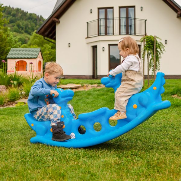 WOOPIE-Bujak-Wieloosobowy-Dino-Hustawka-Rownowazna-Niebieska-2 Kolorowy plac zabaw dla dzieci w ogrodzie, łuk typu konik do zabawy na świeżym powietrzu, idealny dodatek do nowoczesnego domu, mobilny plac zabaw, bezpieczna rozrywka dla maluchów.