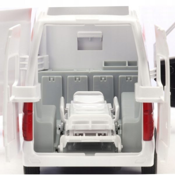 WOOPIE-Pogotowie-Karetka-Ambulans-Nosze-w-Zestawie-Sygnaly-Dzwiekowe-I-Swietlne-2 Samochodowa zabawka edukacyjna, model ambulans z białego tworzywa, szczegółowo wykonana, realistyczny wygląd, idealna do nauki i zabawy dla dzieci.
