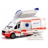 Samochodzik ratunkowy ambulans z otwartą kabiną i noszami, replika, zabawka dla dzieci, całość na białym tle.