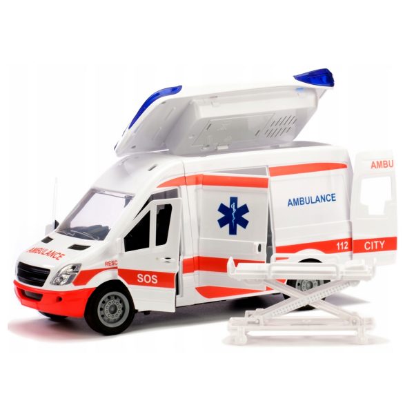 WOOPIE-Pogotowie-Karetka-Ambulans-Nosze-w-Zestawie-Sygnaly-Dzwiekowe-I-Swietlne-4 Samochodzik ratunkowy ambulans z otwartą kabiną i noszami, replika, zabawka dla dzieci, całość na białym tle.