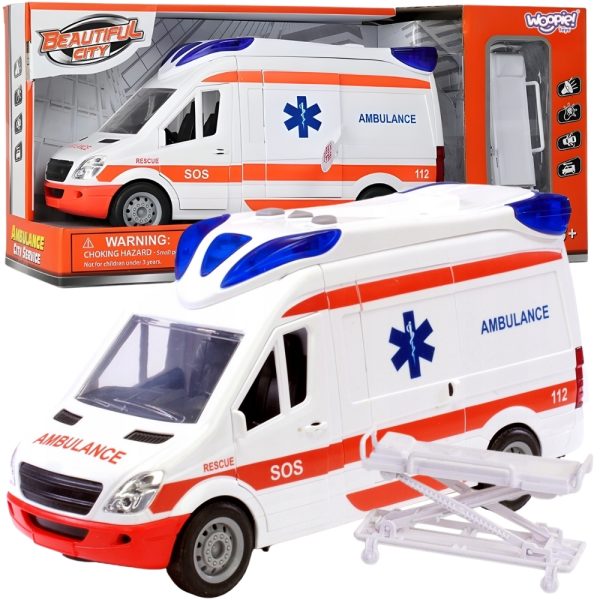 WOOPIE Pogotowie Karetka Ambulans Nosze w Zestawie + Sygnały Dźwiękowe I Świetlne Ambulans zabawkowy w zestawie z noszyłami i akcesoriami, idealny do zabawy i nauki o służbach ratunkowych, orange i biały, do dzieci od 3 lat, realistyczny wygląd.