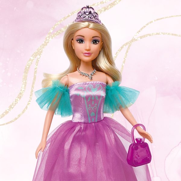 WOOPIE-ROYAL-Lalka-Ksiezniczka-Lily-i-Magiczny-Powoz-Karoca-Akcesoria-2 Lalka księżniczka w różowej sukni z tiulowymi rękawami, koroną i biżuterią, idealna do zabawy i kolekcji, inspirowana światem bajek i magii.