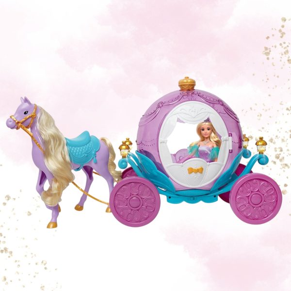 WOOPIE-ROYAL-Lalka-Ksiezniczka-Lily-i-Magiczny-Powoz-Karoca-Akcesoria-3 Kolorowa figurka księżniczki w karocy z koniem, idealna zabawka Disney Princess, oferuje magiczną rozrywkę dla dzieci, rozwijając wyobraźnię i kreatywność.