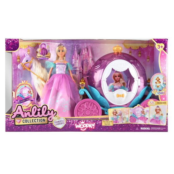 WOOPIE-ROYAL-Lalka-Ksiezniczka-Lily-i-Magiczny-Powoz-Karoca-Akcesoria-4 Różowa lalka księżniczka z zamkiem i bryczką, idealna dla dziewczynek, zabawka z funkcją światła i postacią z bajki, dla dzieci od 3 lat, rozwija wyobraźnię i kreatywność, prezent na urodziny.