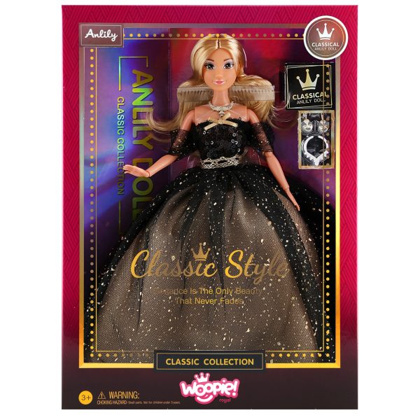 WOOPIE-ROYAL-Lalka-Lily-30-cm-Dlugie-Blond-Wlosy-Czarna-Suknia-Balowa-1 Wysokoartystyczna lala Anily w eleganckiej czerni z połyskiem i złotymi detalami, idealna na prezent, część kolekcji klasycznych lalek Disney, dla dzieci od 3 lat.