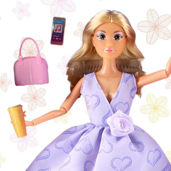 WOOPIE-ROYAL-Lalka-Lily-Dlugie-Blond-Wlosy-30-cm-Lawendowa-Suknia-Akcesoria-1 Zabawka lalka Barbie w zwiewnej sukience z różowymi serduszkami, akcesoria i telefon, idealne dla dziewczynek, prezent, kreatywna zabawa, baśniowa stylizacja, piękne detale, świat Zosi.