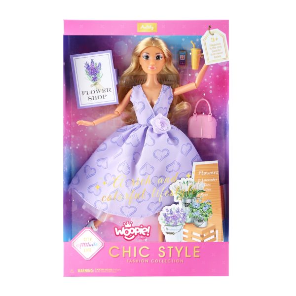 WOOPIE-ROYAL-Lalka-Lily-Dlugie-Blond-Wlosy-30-cm-Lawendowa-Suknia-Akcesoria-2 Stylowa lalka dziewczynka w eleganckiej sukni z kwiatowym motywem, zestaw do kreatywnej zabawy, idealny na prezent dla dzieci od 3 roku życia.